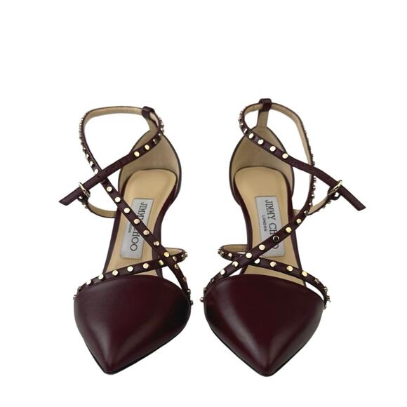 Jimmy Choo Tiff Burgundy Leather Studded Ankle Strap Stiletto Heels Sandals 5 - Picture 2 of 7